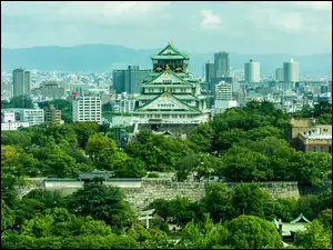 Drzewa, Zamek Osaka, Domy, Osaka, Osaka-jo, Mur, Japonia, Brokatowy zamek