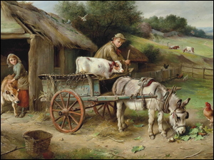 Kobieta i mężczyzna wyprowadzająca zwierzęta ze stodoły