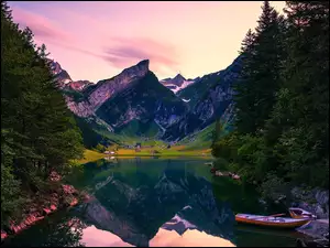 Drzewa, Szwajcaria, Jezioro Seealpsee, Łódki, Góry, Kamienie, Domy, Alpy