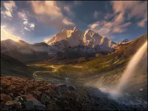 Wodospad, Słońce, Chiny, Góry Himalaje, Tybet, Rzeka, Skały