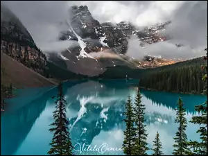Kanada, Moraine Lake, Alberta, Chmury, Park Narodowy Banff, Góry, Lasy, Jezioro, Drzewa