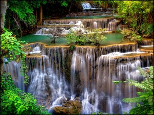 Kaskada, Wodospad Erawan, Park Narodowy Erawan, Tajlandia, Drzewa, Kanchanaburi