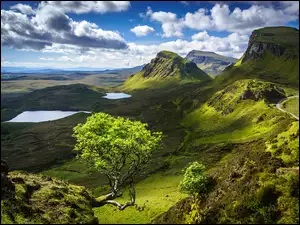 Szkocja, Jeziora, Quiraing, Wyspa Skye, Osuwisko, Zielone, Drzewo, Góry, Chmury
