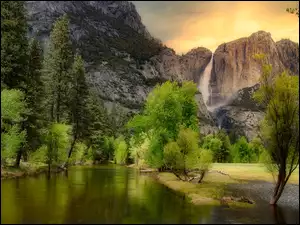 Stan Kalifornia, Park Narodowy Yosemite, Drzewa, Stany Zjednoczone, Rzeka, Wodospad Upper Falls, Góry