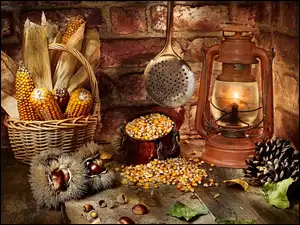 Kukurydza i kasztany obok lampy i szyszek