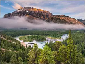 Kanada, Góry, Park Narodowy Banff, Lasy, Rzeka, Alberta, Chmury, Bow River