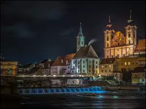 Steyr, Kościół, Rzeka Steyr, Austria, Most, Noc, Domy