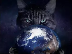 Kot z planetą na niebiesko-granatowym tle