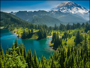 Stany Zjednoczone, Eunice Lake, Park Narodowy Mount Rainier, Jezioro, Drzewa, Las, Góra, Góry Kaskadowe, Mount Rainier, Stan Waszyngton