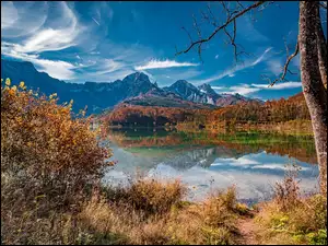 Góry, Alpy, Trawa, Austria, Drzewa, Jesień, Jezioro Almsee