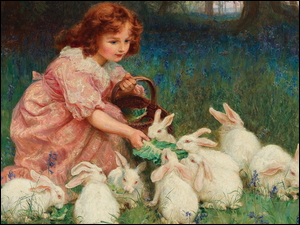 Dziewczyna karmiaca króliki na obrazie Fredericka Morgana