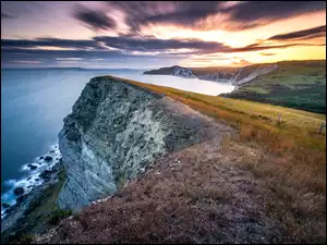 Anglia, Gad Cliff, Hrabstwo Dorset, Trawy, Chmury, Klif, Morze, Wybrzeże, Zachód słońca