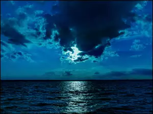 Chmury, Morze, Noc, Niebo