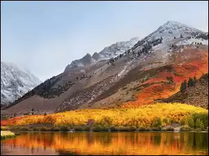 Stany Zjednoczone, Eastern Sierra, Kalifornia, Jezioro, North Lake, Góry, Drzewa, Jesień, Chmury
