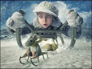 Dziewczynka z myszką zjeżdżają na sankach podczas sypiącego śniegu