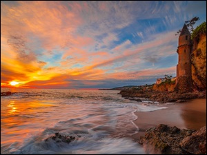 Stany Zjednoczone, Victoria Beach, Kalifornia, Skały, Zachód słońca, Wieża, La Tour, Morze, Klif