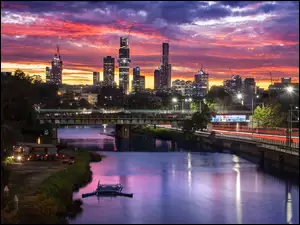 Zachód słońca, Melbourne, Chmury, Most, Światła, Miasto, Wieżowce, Australia, Rzeka Yarra