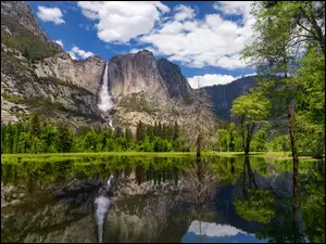 Stany Zjednoczone, Góry, Kalifornia, Drzewa, Rzeka, Sierra Nevada, Wodospad Yosemite, Park Narodowy Yosemite, Zielone