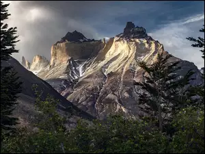Chile, Góry, Patagonia, Skała, Drzewo, Cordillera del Paine, Masyw Torres del Paine, Park Narodowy Torres Del Paine, Rzeka