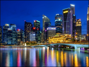 Noc, Wieżowce, Central Business District, Most, Oświetlone, Promenada Esplanade, Singapur, Domy