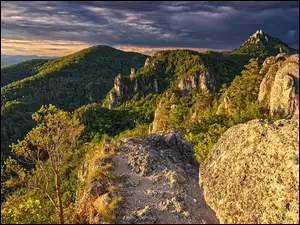 Skały, Sulovskie skały, Słowacja, Góry Strażowskie, Drzewa, Chmury, Ciemne