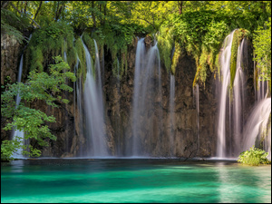 Skały, Wodospad, Rośliny, Chorwacja, Zielone, Park Narodowy Jezior Plitwickich