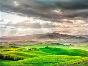 Wzgórza, Włochy, Zielone, Pola, Toskania