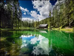 Cortina d Ampezzo, Jezioro, Drzewa, Włochy, Las, Dom, Lago Ghedina