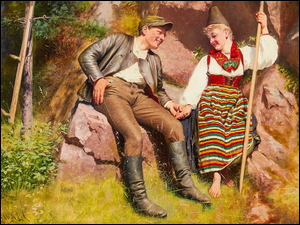 Kobieta z mężczyzną siedzący na skale w obrazie Knuta Ekwalla