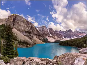 Jezioro, Moraine Lake, Kanada, Park Narodowy Banff, Alberta, Drzewa, Góry