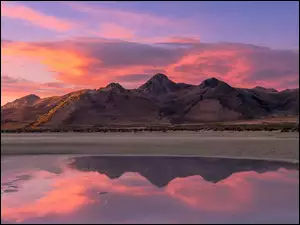 Wielkie Jezioro Słone, Great Salt Lake, Stany Zjednoczone, Jezioro, Stan Utah, Zachód słońca, Góry Wasatch