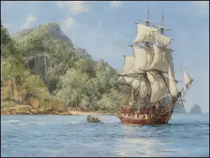 Żaglowiec na morzu na obrazie Montagua Dawsona