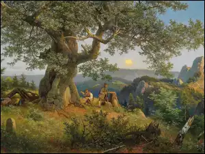 Drwale na wzgórzu pod dębem w obrazie Eduarda Leonhardi