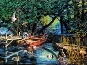 Łódki i kaczki na brzegu jeziora na obrazie Ken Zylla