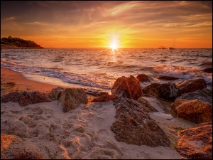 Stany Zjednoczone, Zachód słońca, Brewster, Piasek, Fale, Morze, Plaża, Kamienie, Breakwater Beach, Massachusetts