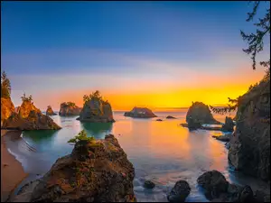 Stany Zjednoczone, Secret Beach, Oregon, Wybrzeże, Zachód słońca, Morze, Skały, Plaża, Drzewa