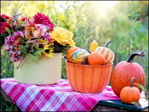 Jesienna kompozycja w ogrodzie z dyniami i kwiatami