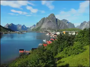 Domy, Norwegia, Wioska Reine, Góry, Lofoty, Morze Norweskie, Drzewa, Wyspa Moskenesoya