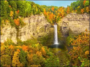 Drzewa, Wodospad, Stany Zjednoczone, Jesień, Stan Nowy Jork, Skały, Taughannock Falls