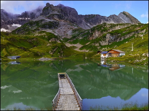 Zurser See, Jezioro, Domy, Austria, Pomost, Góry