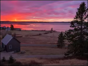 Zachód słońca, Domy, Stany Zjednoczone, Jezioro, Stan Maine, South Lubec, Drzewa