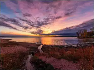 Wschód słońca, Park stanowy, Chatfield Lake, Kolorado, Chatfield State Park, Drzewa, Stany Zjednoczone, Jezioro