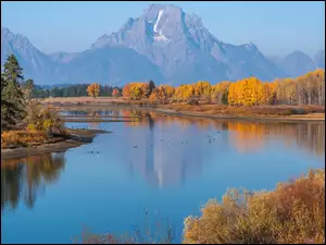Stany Zjednoczone, Rzeka, Stan Wyoming, Drzewa, Jesień, Snake River, Góry, Park Narodowy Grand Teton, Teton Range