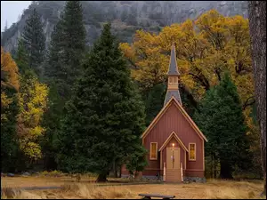 Park Narodowy Yosemite, Zima, Kaplica, Stan Kalifornia, Drzewa, Las, Stany Zjednoczone, Kościółek