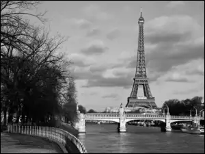Paryż, Most, Drzewa, Francja, Bulwar, Rzeka Sekwana, Wieża Eiffla