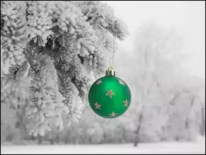 Zielona, Boże Narodzenie, Śnieg, Drzewa, Bombka