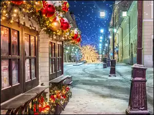 Boże Narodzenie, Świąteczne, Girlandy, Ozdoby, Śnieg, Zima, Domy, Ulica, Latarnie, Bombki