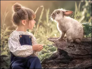 Dziewczynka i królik na pniu drzewa