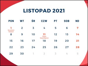 Kalendarz na listopad 2021 roku