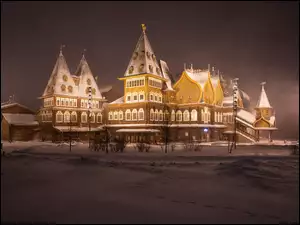 Rosja, Padający, Moskwa, Muzeum, Kolomenskoye, Śnieg, Oświetlony, Zima, Pałac cara Aleksego Michajłowicza